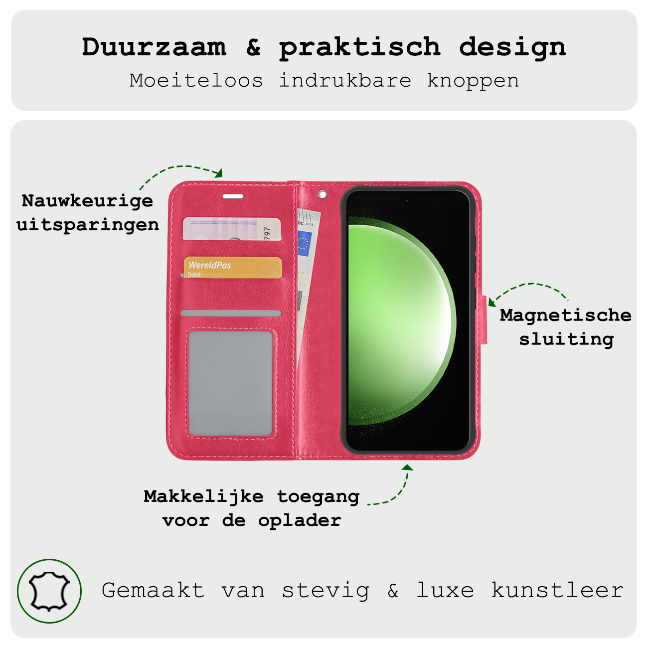 BASEY. Hoes Geschikt voor Samsung S23 FE Hoesje Bookcase Hoes Flip Case Book Cover - Hoesje Geschikt voor Samsung Galaxy S23 FE Hoes Book Case Hoesje - Donkerroze