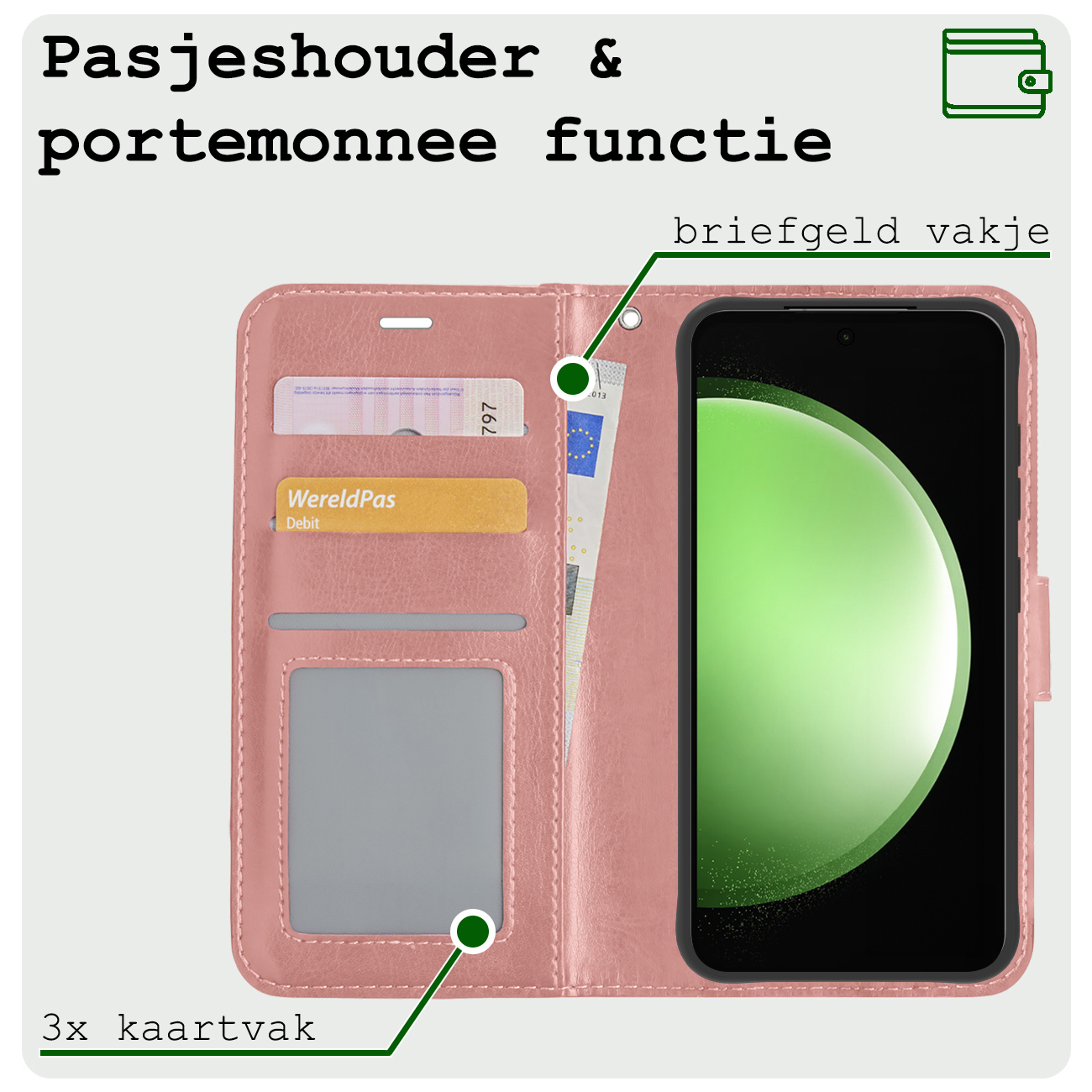 BASEY. Hoes Geschikt voor Samsung S23 FE Hoesje Bookcase Hoes Flip Case Book Cover - Hoesje Geschikt voor Samsung Galaxy S23 FE Hoes Book Case Hoesje - Rosé goud
