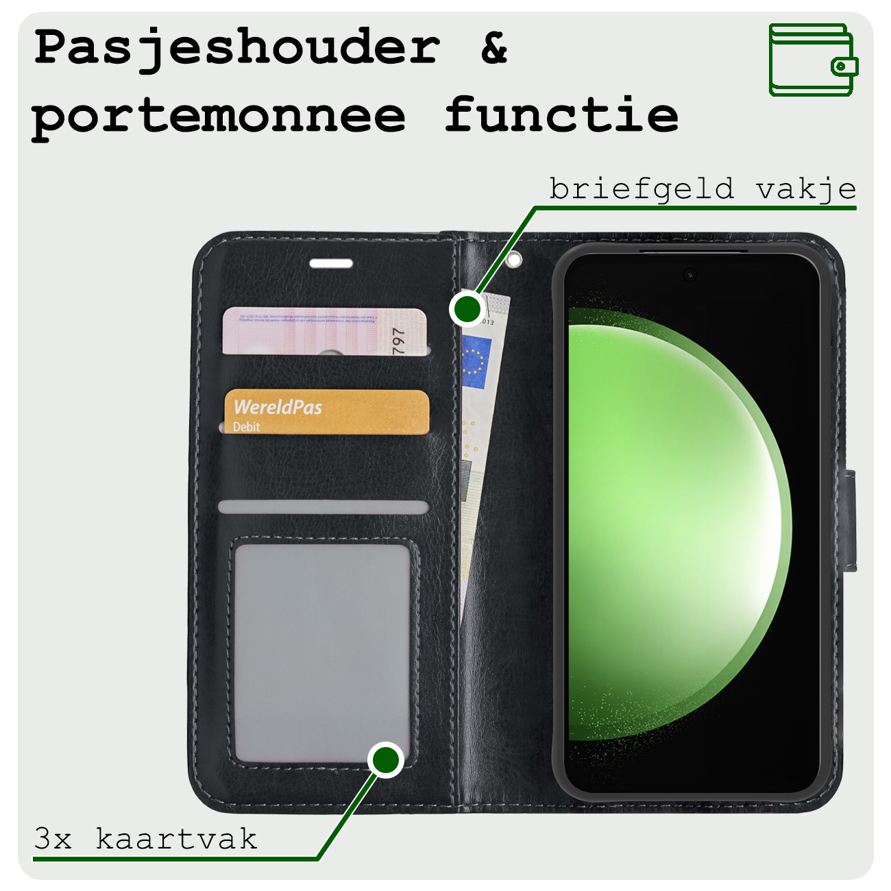 BASEY. Hoes Geschikt voor Samsung S23 FE Hoesje Bookcase Hoes Flip Case Book Cover - Hoesje Geschikt voor Samsung Galaxy S23 FE Hoes Book Case Hoesje - Zwart