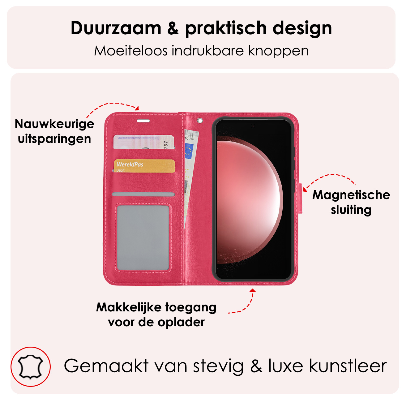 NoXx Hoes Geschikt voor Samsung S23 FE Hoesje Book Case Hoes Flip Cover Wallet Bookcase - Donkerroze