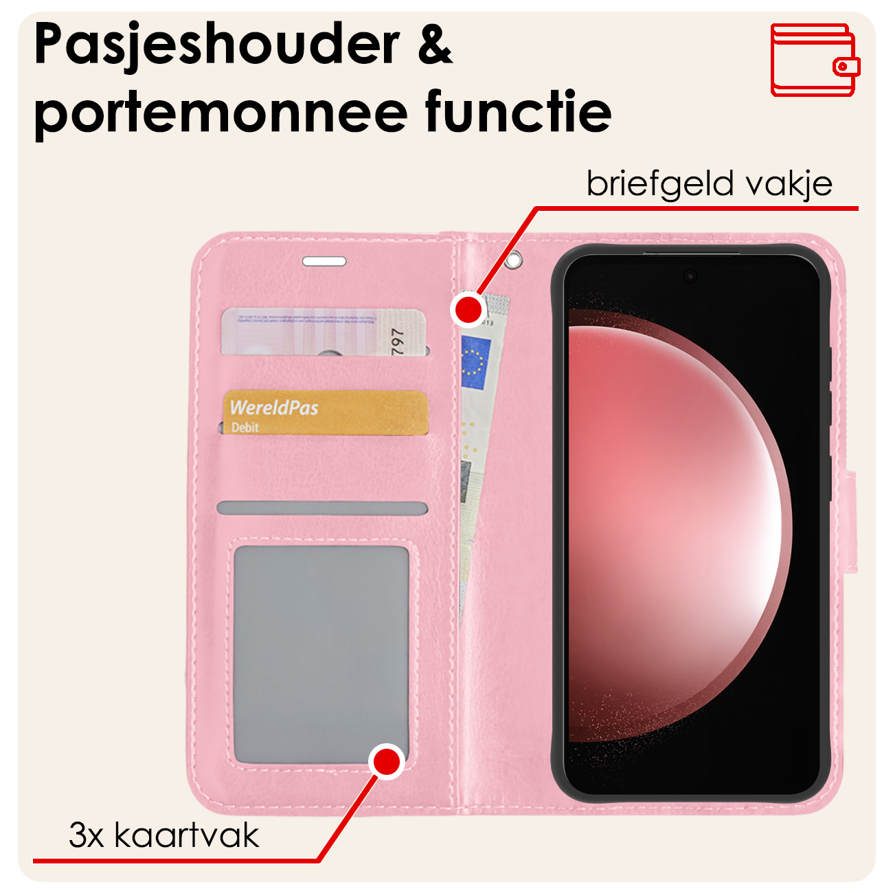 NoXx Hoes Geschikt voor Samsung S23 FE Hoesje Book Case Hoes Flip Cover Wallet Bookcase - Lichtroze