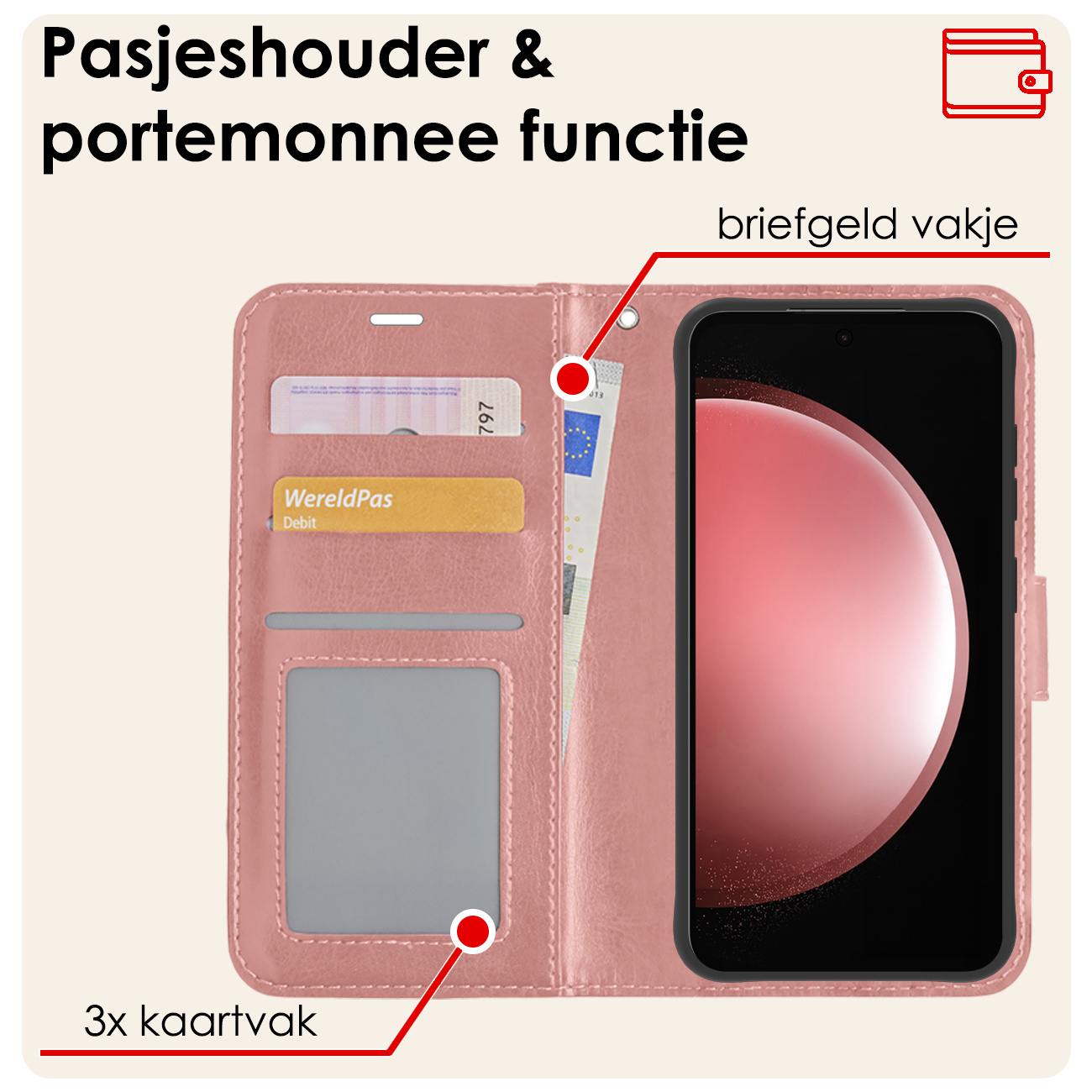 NoXx Hoes Geschikt voor Samsung S23 FE Hoesje Book Case Hoes Flip Cover Wallet Bookcase - Rosé goud