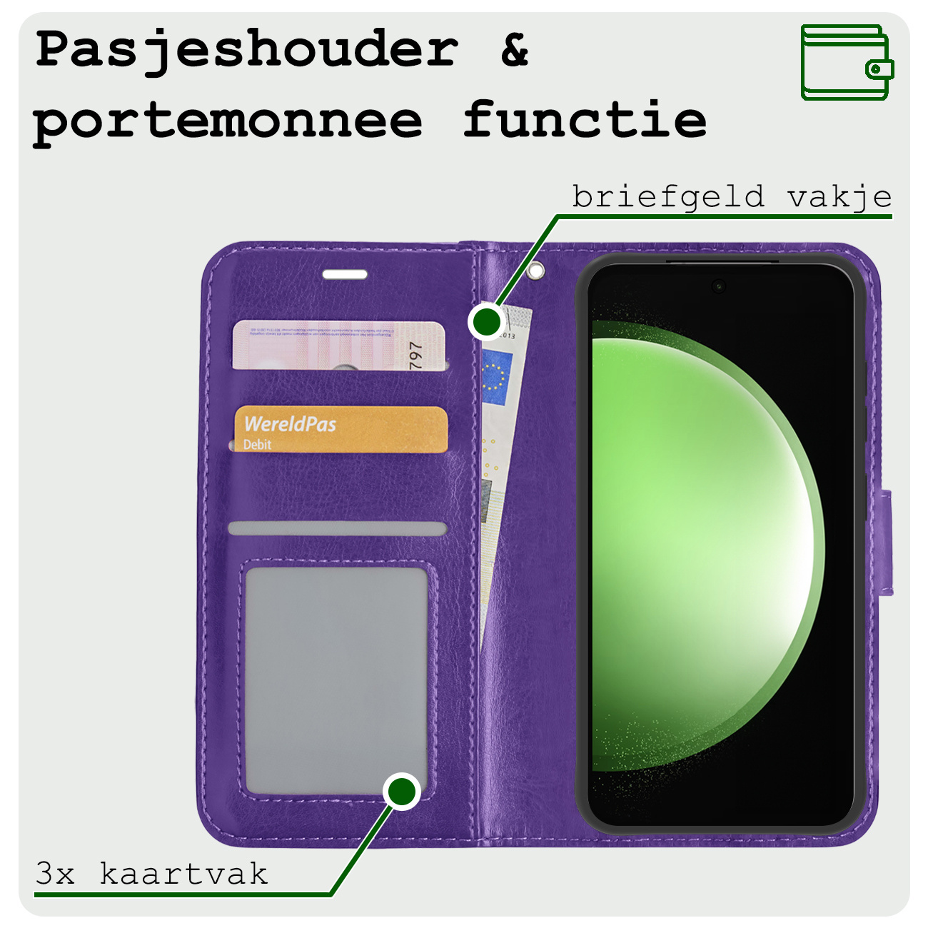 BASEY. Hoes Geschikt voor Samsung S23 FE Hoesje Bookcase Hoes Flip Case Book Cover Met Screenprotector - Hoesje Geschikt voor Samsung Galaxy S23 FE Hoes Book Case Hoesje - Paars