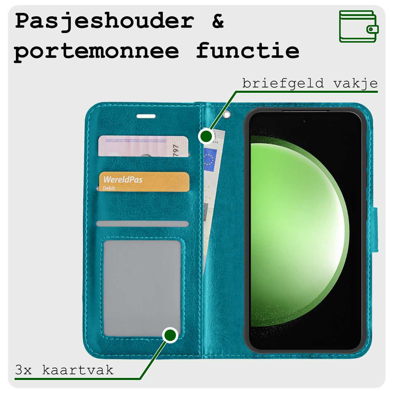 BASEY. Hoes Geschikt voor Samsung S23 FE Hoesje Bookcase Hoes Flip Case Book Cover Met Screenprotector - Hoesje Geschikt voor Samsung Galaxy S23 FE Hoes Book Case Hoesje - Turquoise