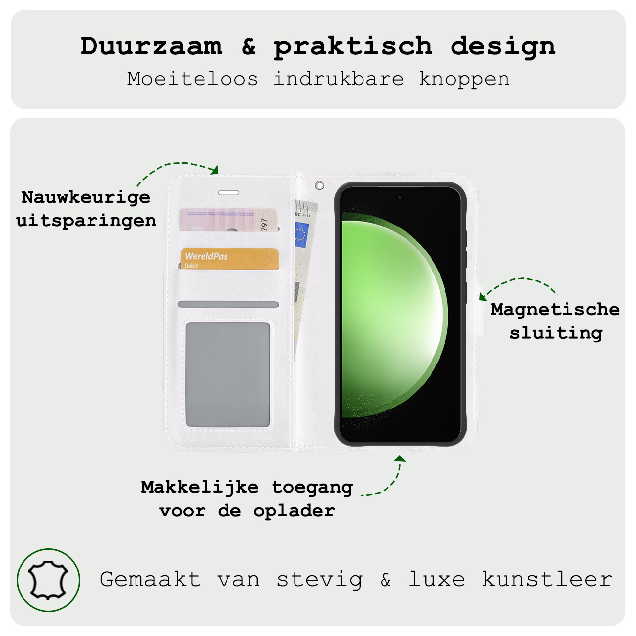 BASEY. Hoes Geschikt voor Samsung S23 FE Hoesje Bookcase Hoes Flip Case Book Cover Met Screenprotector - Hoesje Geschikt voor Samsung Galaxy S23 FE Hoes Book Case Hoesje - Wit