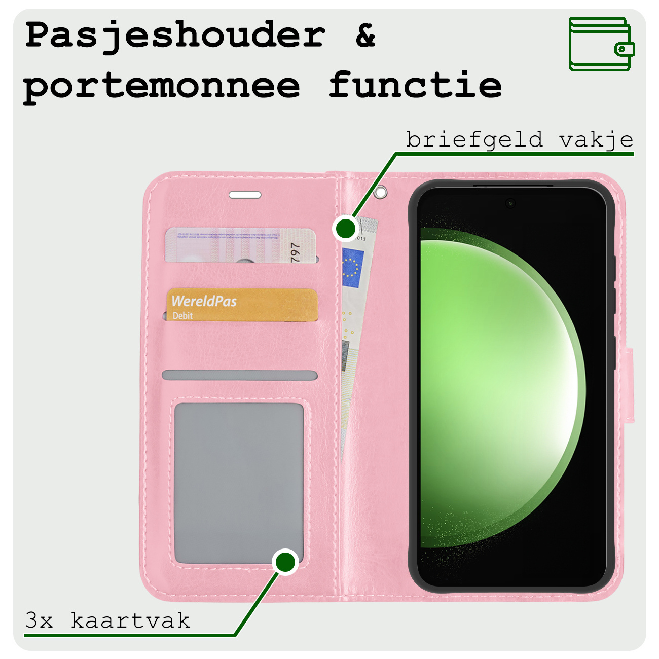 BASEY. Hoes Geschikt voor Samsung S23 FE Hoesje Bookcase Hoes Flip Case Book Cover Met 2x Screenprotector - Hoesje Geschikt voor Samsung Galaxy S23 FE Hoes Book Case Hoesje - Lichtroze