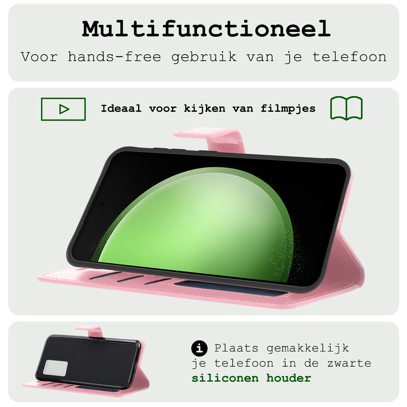 BASEY. Hoes Geschikt voor Samsung S23 FE Hoesje Bookcase Hoes Flip Case Book Cover Met 2x Screenprotector - Hoesje Geschikt voor Samsung Galaxy S23 FE Hoes Book Case Hoesje - Lichtroze