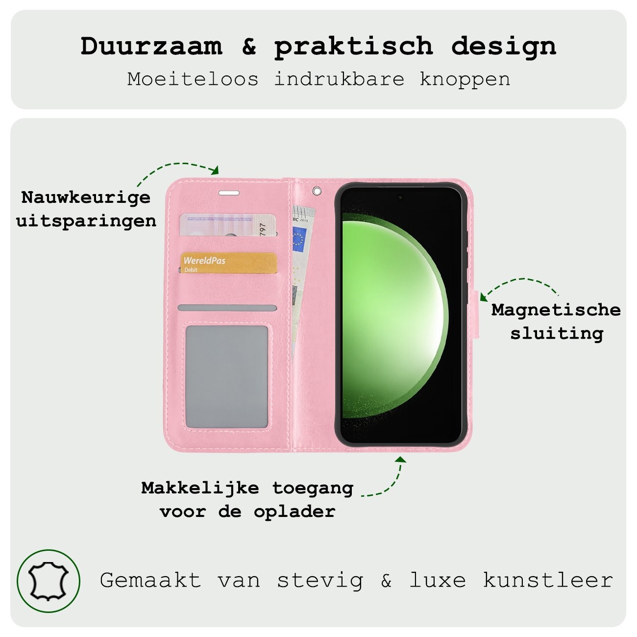 BASEY. Hoes Geschikt voor Samsung S23 FE Hoesje Bookcase Hoes Flip Case Book Cover Met 2x Screenprotector - Hoesje Geschikt voor Samsung Galaxy S23 FE Hoes Book Case Hoesje - Lichtroze