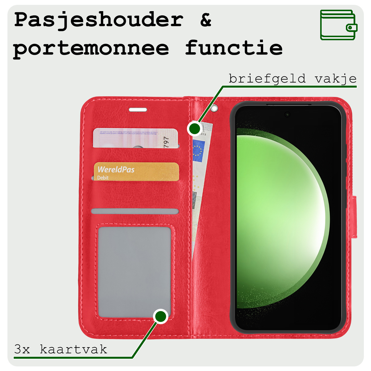 BASEY. Hoes Geschikt voor Samsung S23 FE Hoesje Bookcase Hoes Flip Case Book Cover Met 2x Screenprotector - Hoesje Geschikt voor Samsung Galaxy S23 FE Hoes Book Case Hoesje - Rood