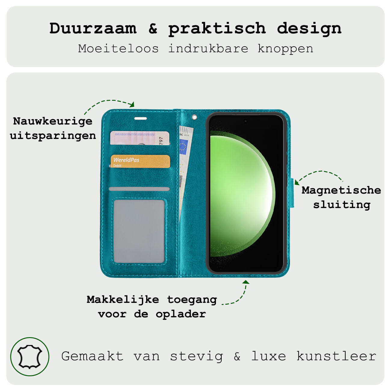 BASEY. Hoes Geschikt voor Samsung S23 FE Hoesje Bookcase Hoes Flip Case Book Cover Met 2x Screenprotector - Hoesje Geschikt voor Samsung Galaxy S23 FE Hoes Book Case Hoesje - Turquoise