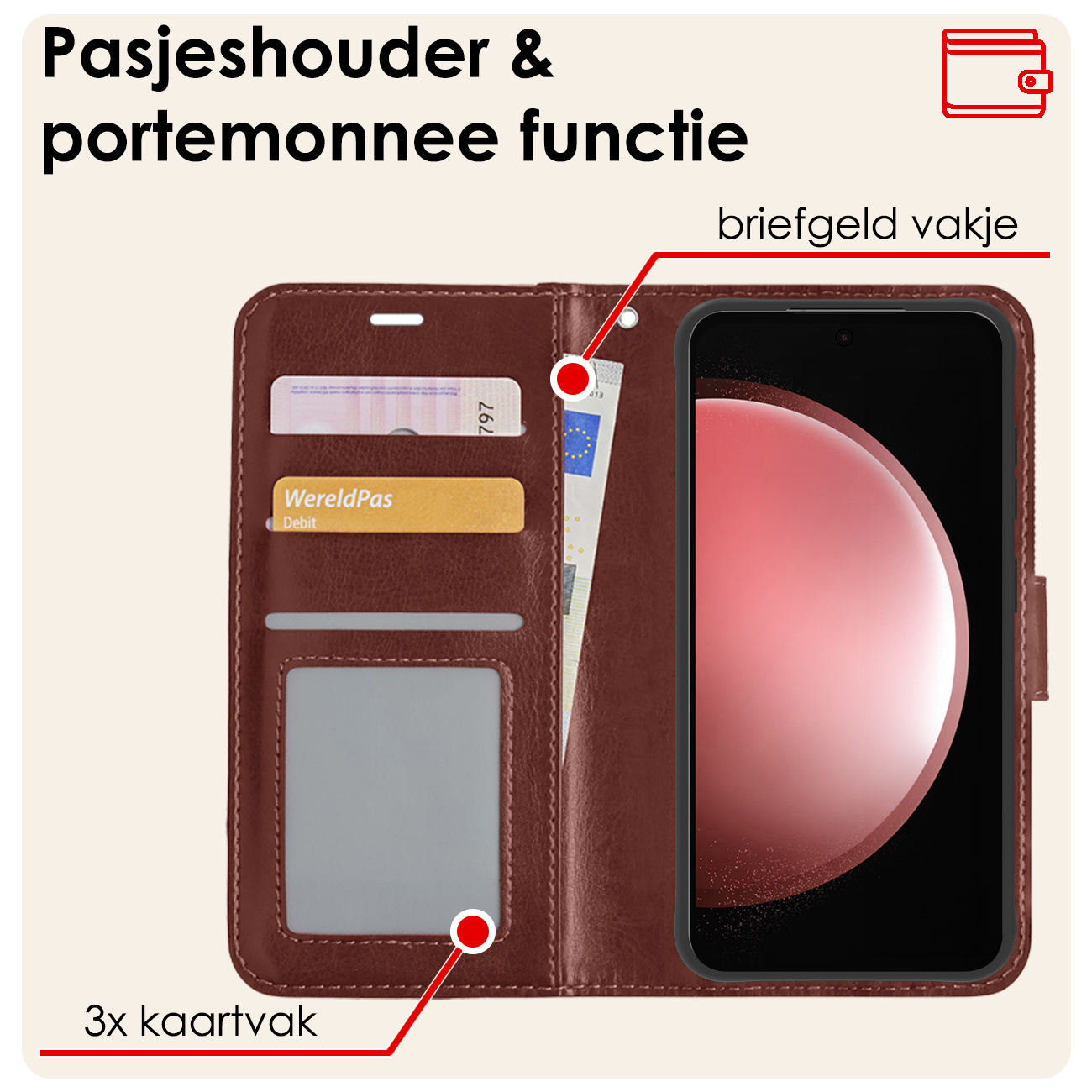 NoXx Hoes Geschikt voor Samsung S23 FE Hoesje Book Case Hoes Flip Cover Wallet Bookcase Met Screenprotector - Bruin