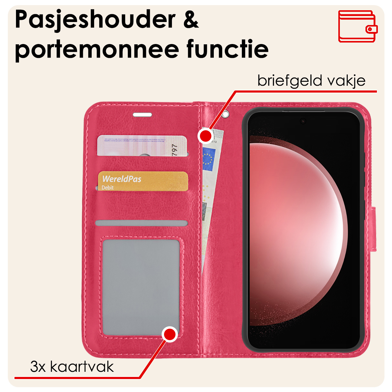 NoXx Hoes Geschikt voor Samsung S23 FE Hoesje Book Case Hoes Flip Cover Wallet Bookcase Met Screenprotector - Donkerroze