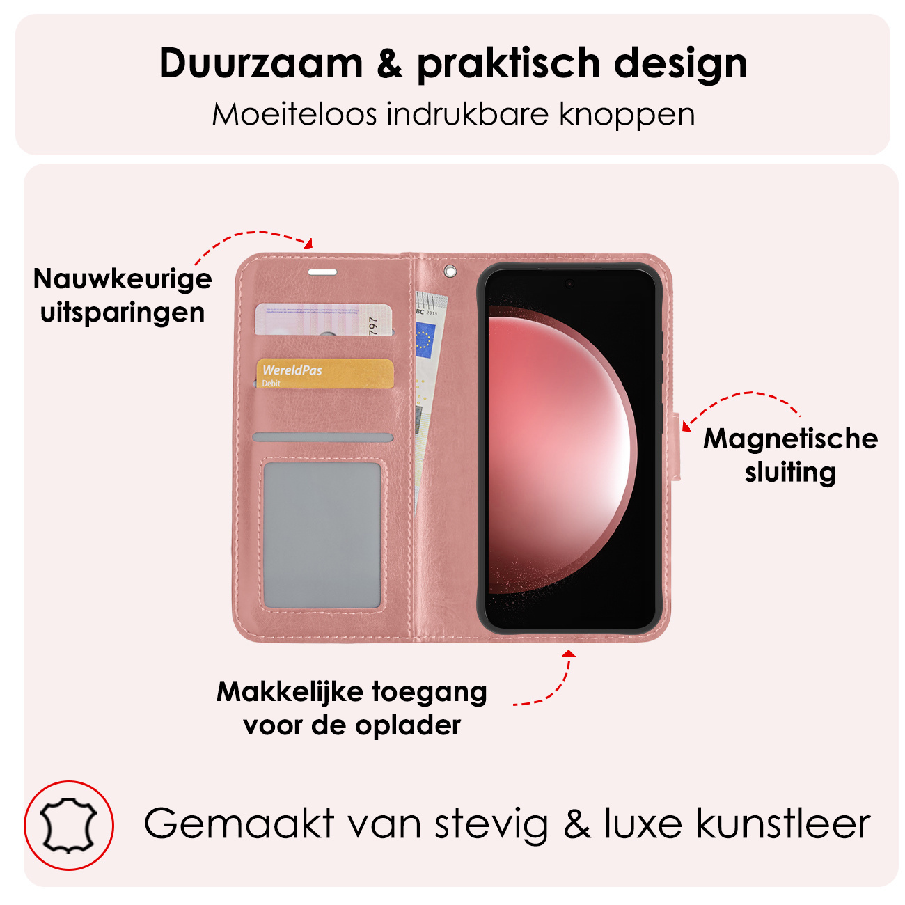 NoXx Hoes Geschikt voor Samsung S23 FE Hoesje Book Case Hoes Flip Cover Wallet Bookcase Met Screenprotector - Rosé goud