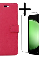 BASEY. Hoes Geschikt voor Samsung S23 FE Hoesje Bookcase Hoes Flip Case Book Cover Met Screenprotector - Hoesje Geschikt voor Samsung Galaxy S23 FE Hoes Book Case Hoesje - Donkerroze