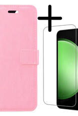 BASEY. Hoes Geschikt voor Samsung S23 FE Hoesje Bookcase Hoes Flip Case Book Cover Met Screenprotector - Hoesje Geschikt voor Samsung Galaxy S23 FE Hoes Book Case Hoesje - Lichtroze