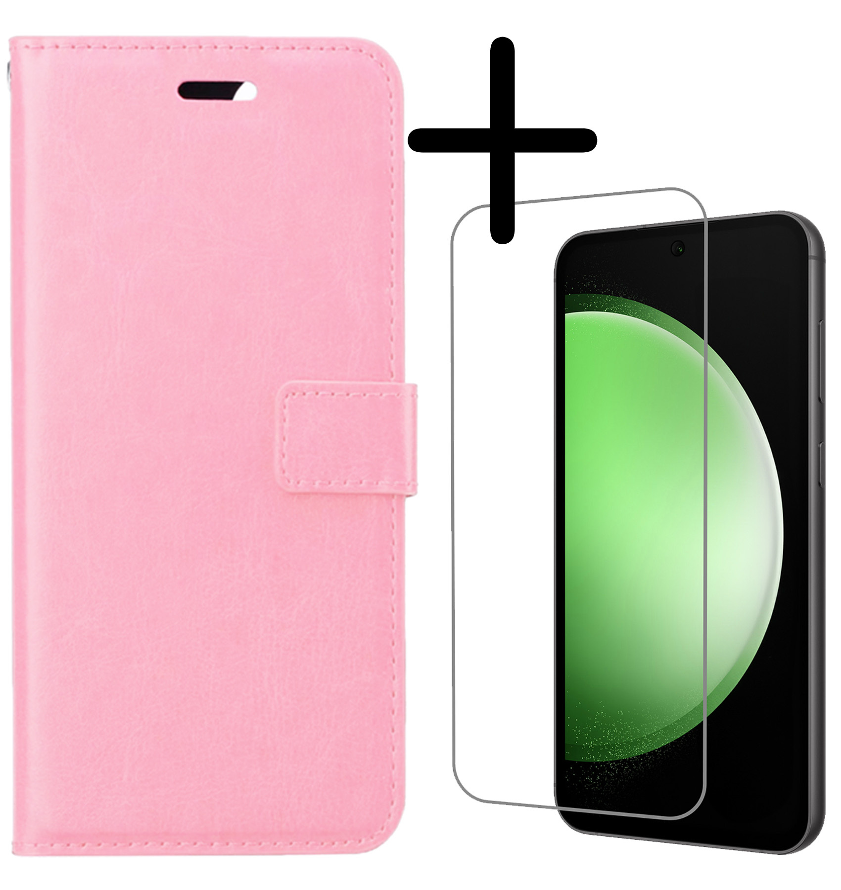BASEY. Hoes Geschikt voor Samsung S23 FE Hoesje Bookcase Hoes Flip Case Book Cover Met Screenprotector - Hoesje Geschikt voor Samsung Galaxy S23 FE Hoes Book Case Hoesje - Lichtroze