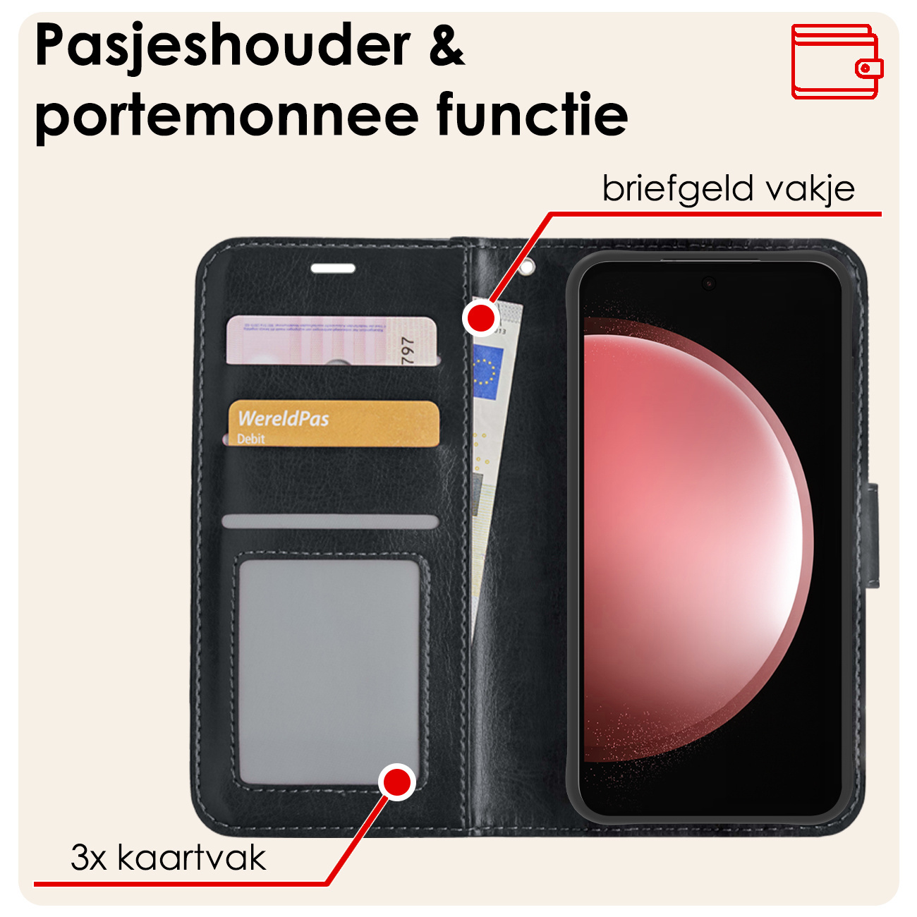 NoXx Hoes Geschikt voor Samsung S23 FE Hoesje Book Case Hoes Flip Cover Wallet Bookcase Met Screenprotector - Zwart