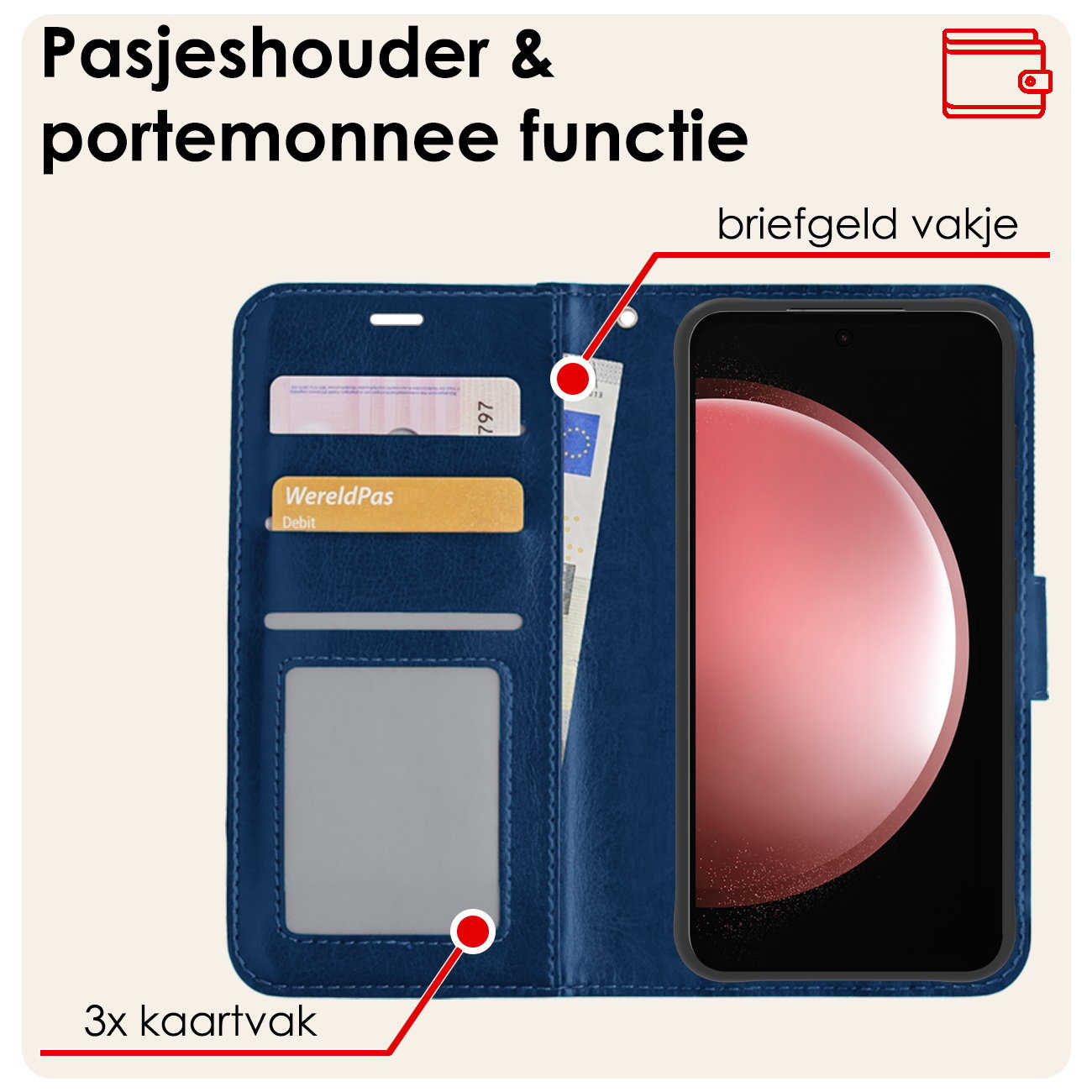 NoXx Hoes Geschikt voor Samsung S23 FE Hoesje Book Case Hoes Flip Cover Wallet Bookcase Met 2x Screenprotector - Donkerblauw