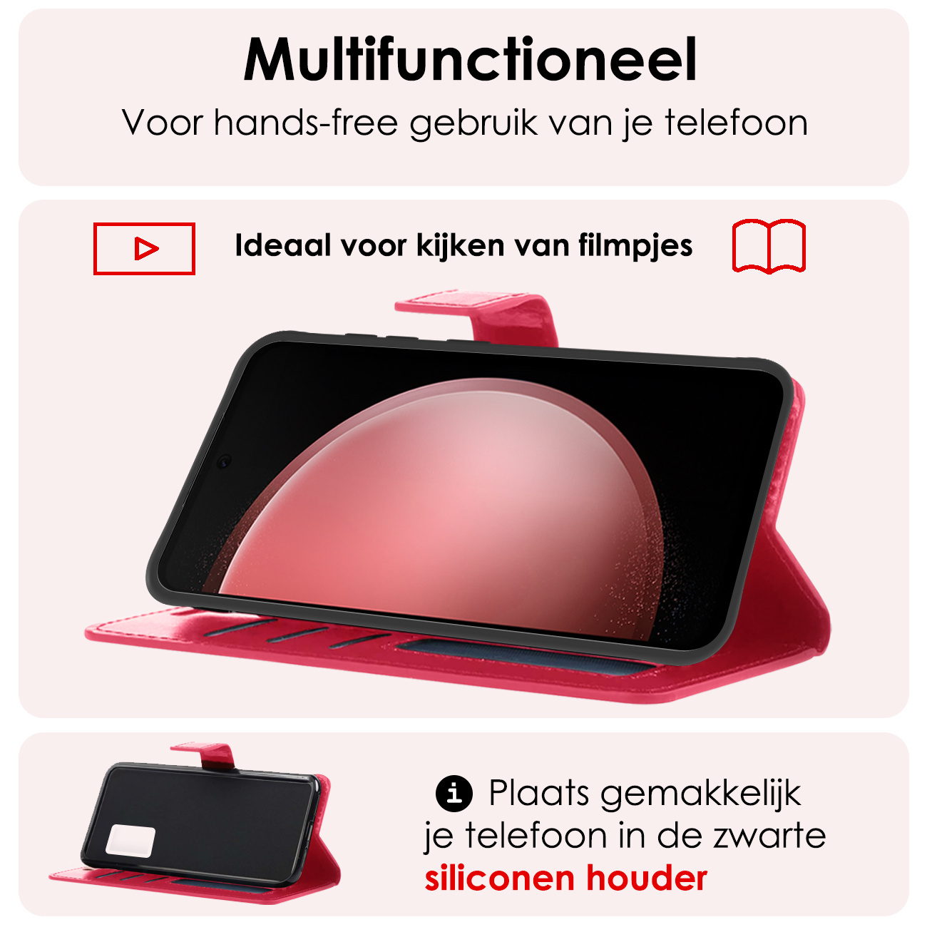 NoXx Hoes Geschikt voor Samsung S23 FE Hoesje Book Case Hoes Flip Cover Wallet Bookcase Met 2x Screenprotector - Donkerroze