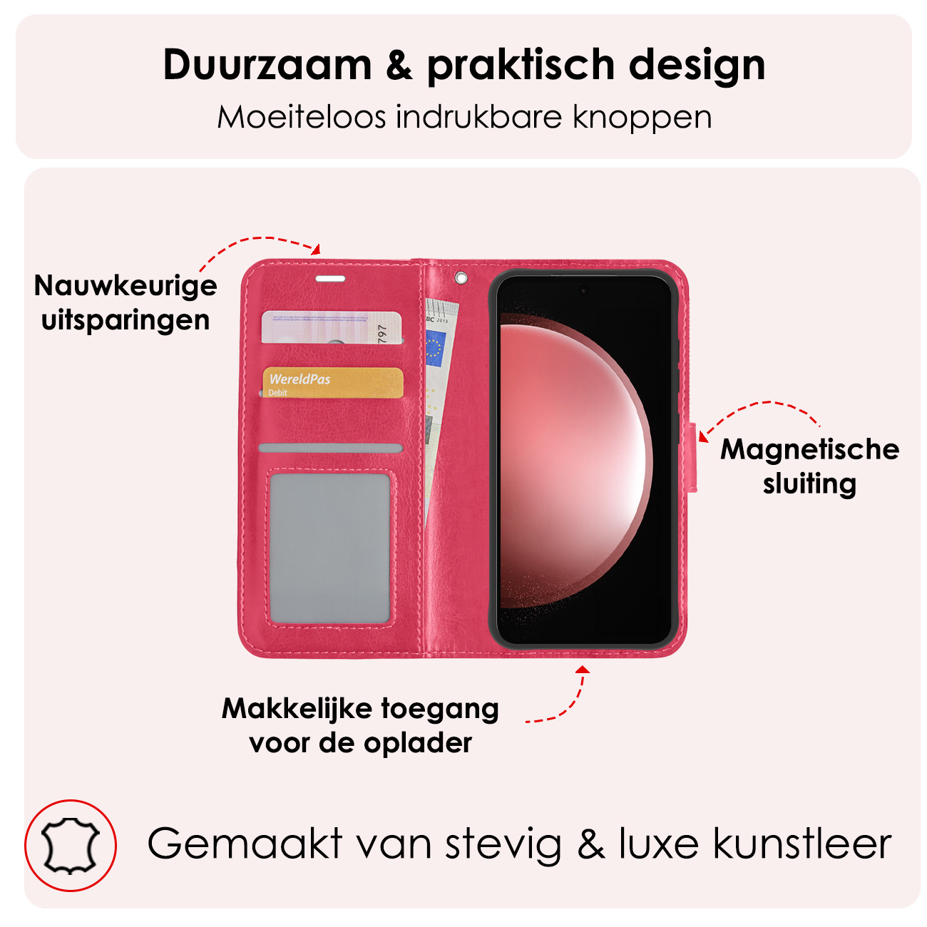 NoXx Hoes Geschikt voor Samsung S23 FE Hoesje Book Case Hoes Flip Cover Wallet Bookcase Met 2x Screenprotector - Donkerroze