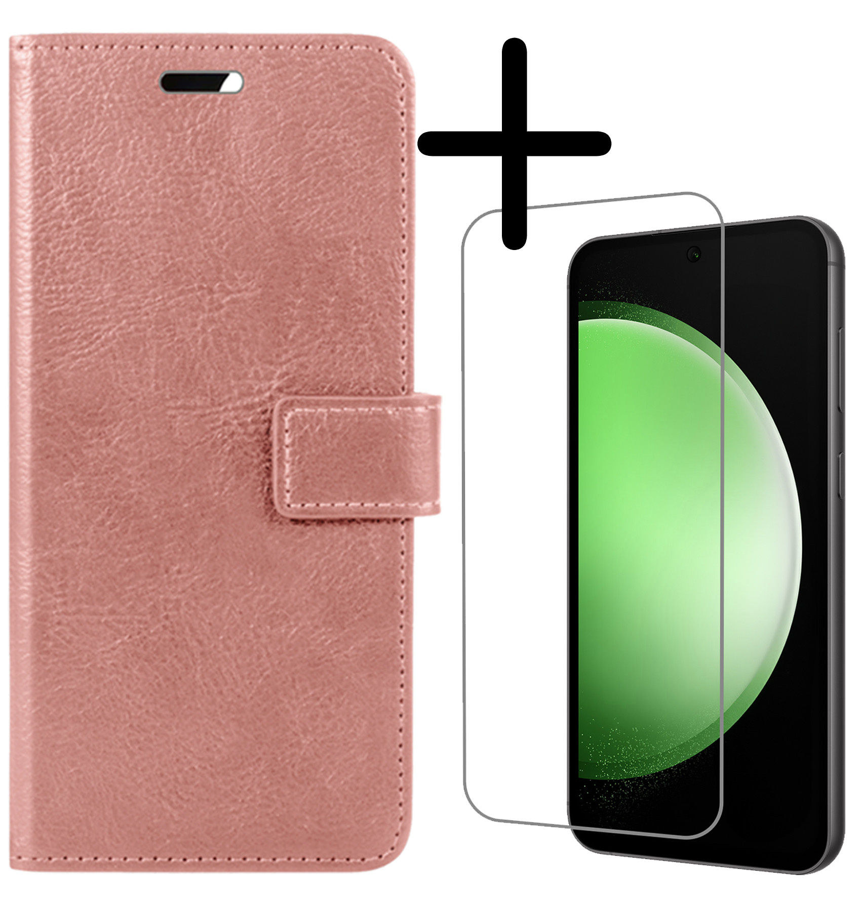BASEY. Hoes Geschikt voor Samsung S23 FE Hoesje Bookcase Hoes Flip Case Book Cover Met Screenprotector - Hoesje Geschikt voor Samsung Galaxy S23 FE Hoes Book Case Hoesje - Rosé goud