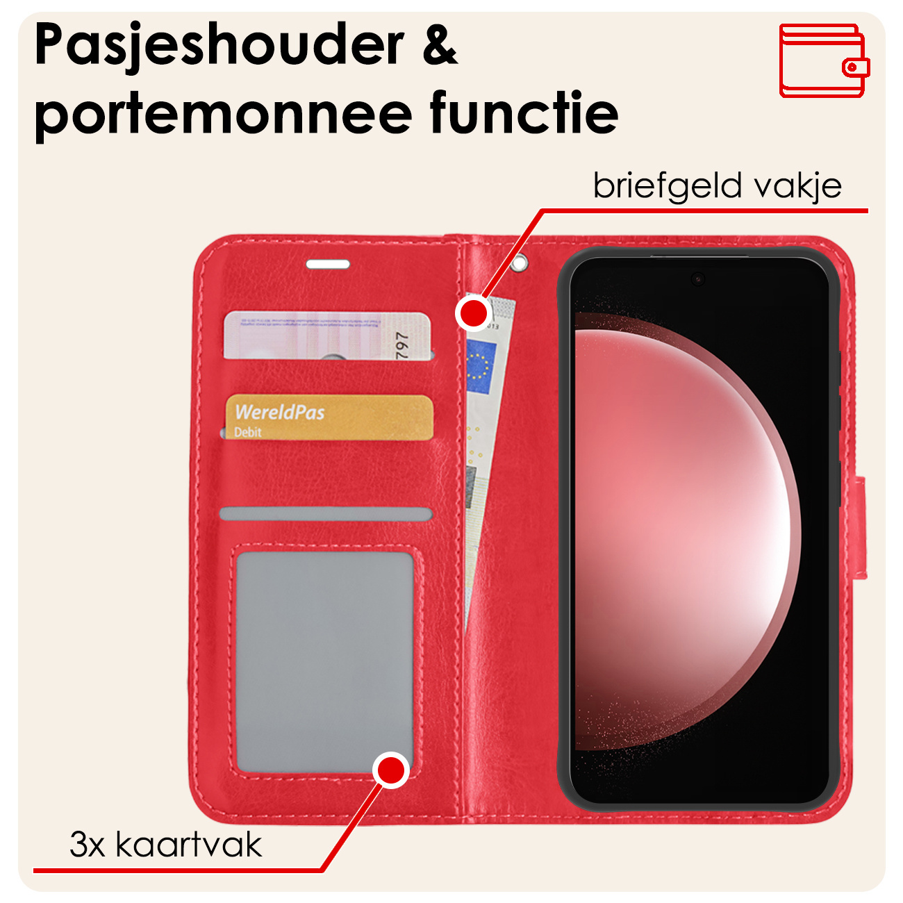 NoXx Hoes Geschikt voor Samsung S23 FE Hoesje Book Case Hoes Flip Cover Wallet Bookcase Met 2x Screenprotector - Rood
