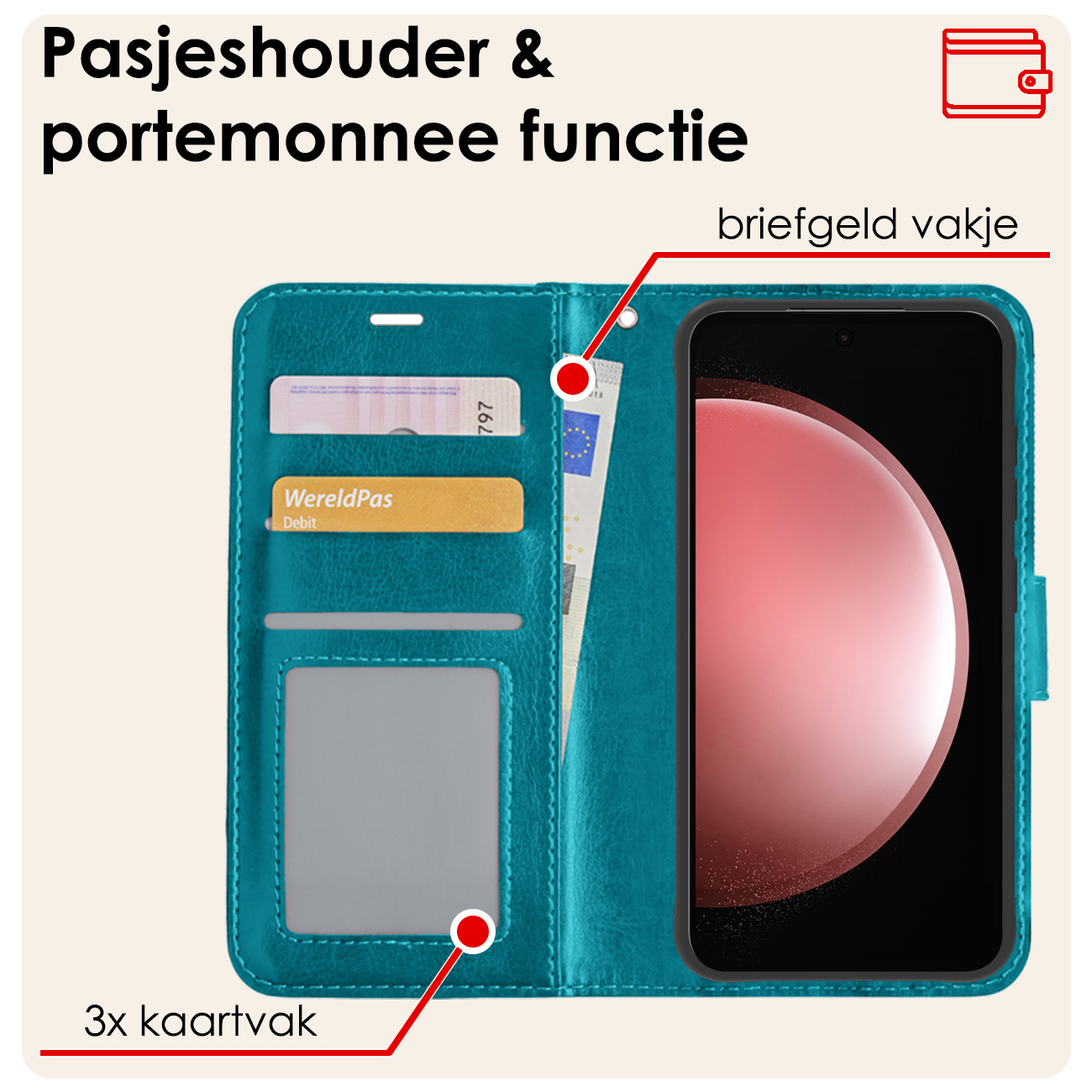 NoXx Hoes Geschikt voor Samsung S23 FE Hoesje Book Case Hoes Flip Cover Wallet Bookcase Met 2x Screenprotector - Turquoise