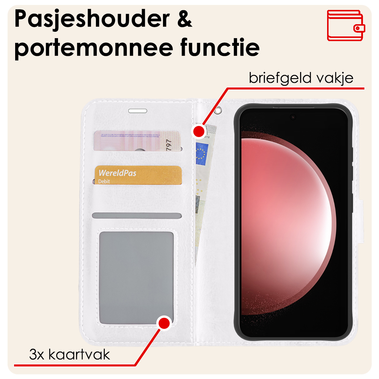 NoXx Hoes Geschikt voor Samsung S23 FE Hoesje Book Case Hoes Flip Cover Wallet Bookcase Met 2x Screenprotector - Wit