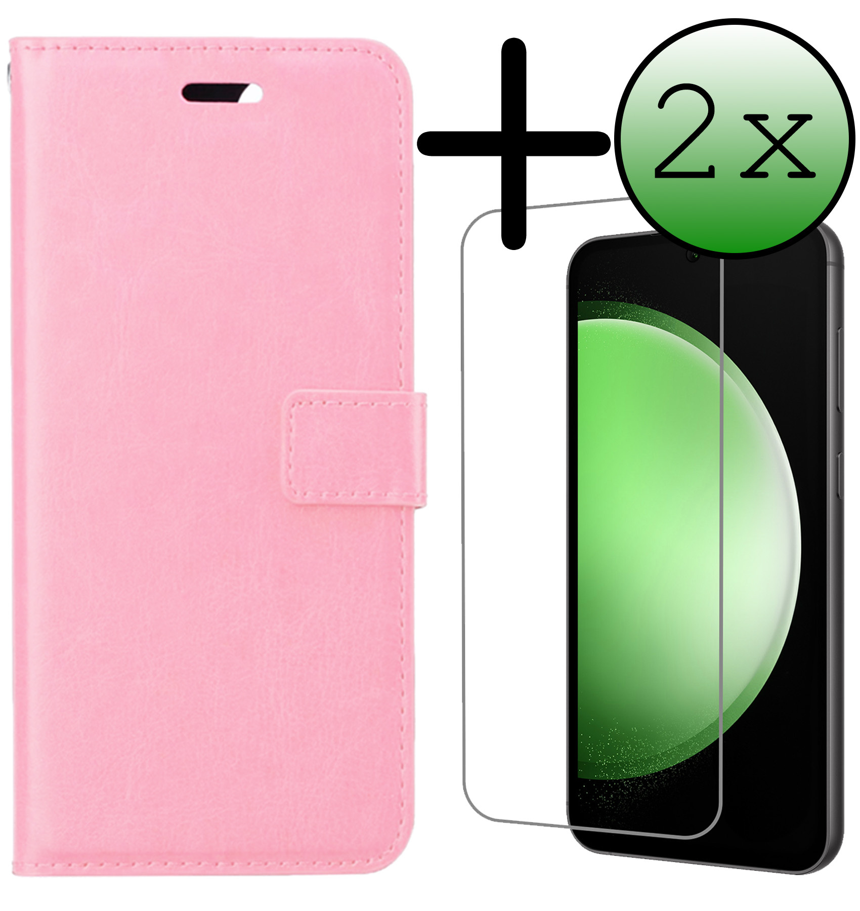 BASEY. Hoes Geschikt voor Samsung S23 FE Hoesje Bookcase Hoes Flip Case Book Cover Met 2x Screenprotector - Hoesje Geschikt voor Samsung Galaxy S23 FE Hoes Book Case Hoesje - Lichtroze