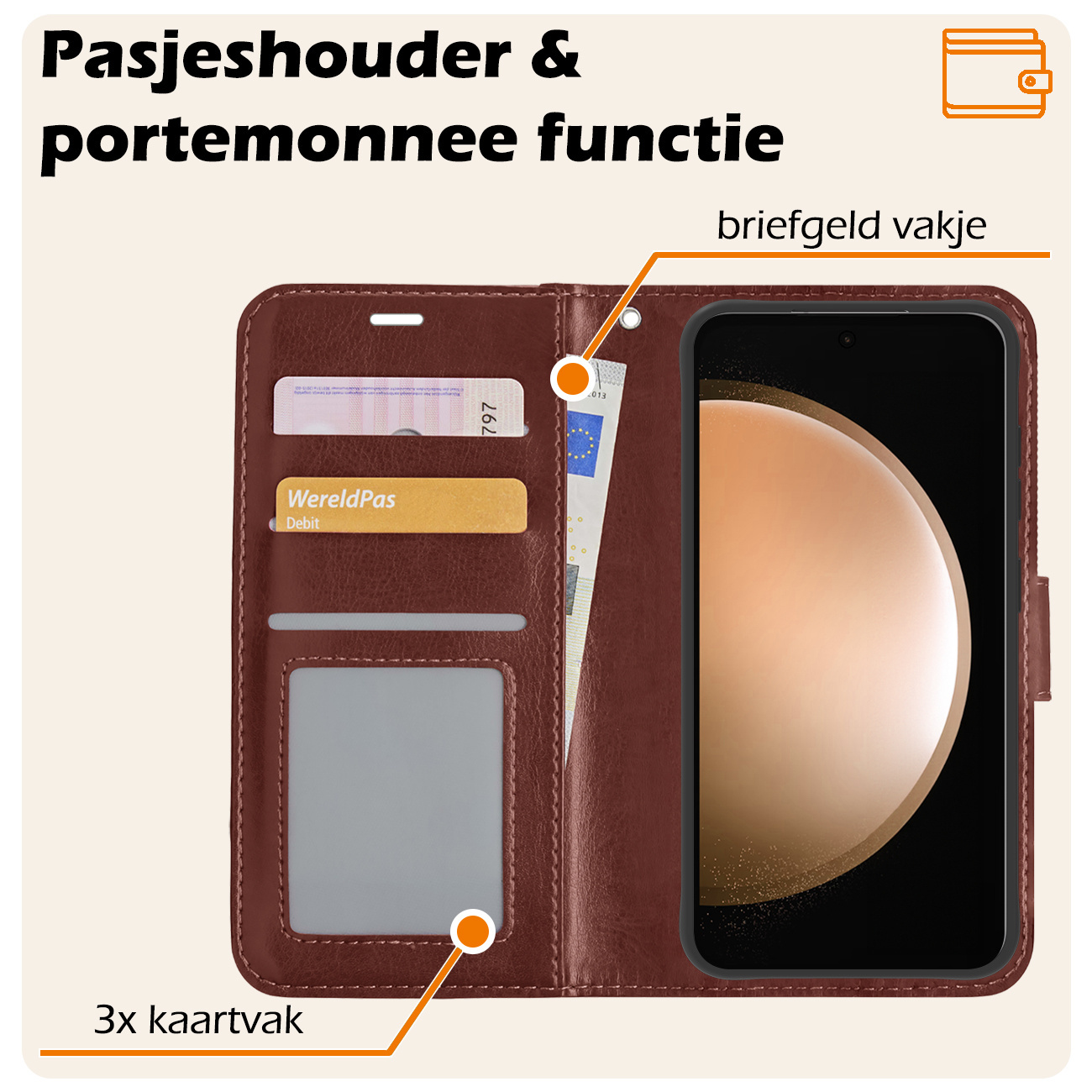 Nomfy Hoesje Geschikt voor Samsung S23 FE Hoes Bookcase Flipcase Book Cover Met Screenprotector - Hoes Geschikt voor Samsung Galaxy S23 FE Hoesje Book Case - Bruin