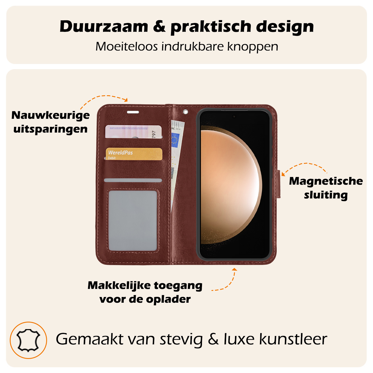 Nomfy Hoesje Geschikt voor Samsung S23 FE Hoes Bookcase Flipcase Book Cover Met Screenprotector - Hoes Geschikt voor Samsung Galaxy S23 FE Hoesje Book Case - Bruin