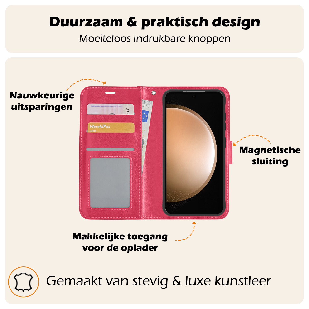 Nomfy Hoesje Geschikt voor Samsung S23 FE Hoes Bookcase Flipcase Book Cover Met Screenprotector - Hoes Geschikt voor Samsung Galaxy S23 FE Hoesje Book Case - Donkerroze