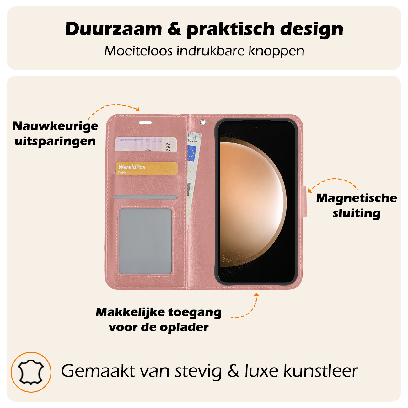 Nomfy Hoesje Geschikt voor Samsung S23 FE Hoes Bookcase Flipcase Book Cover Met Screenprotector - Hoes Geschikt voor Samsung Galaxy S23 FE Hoesje Book Case - Rosé goud