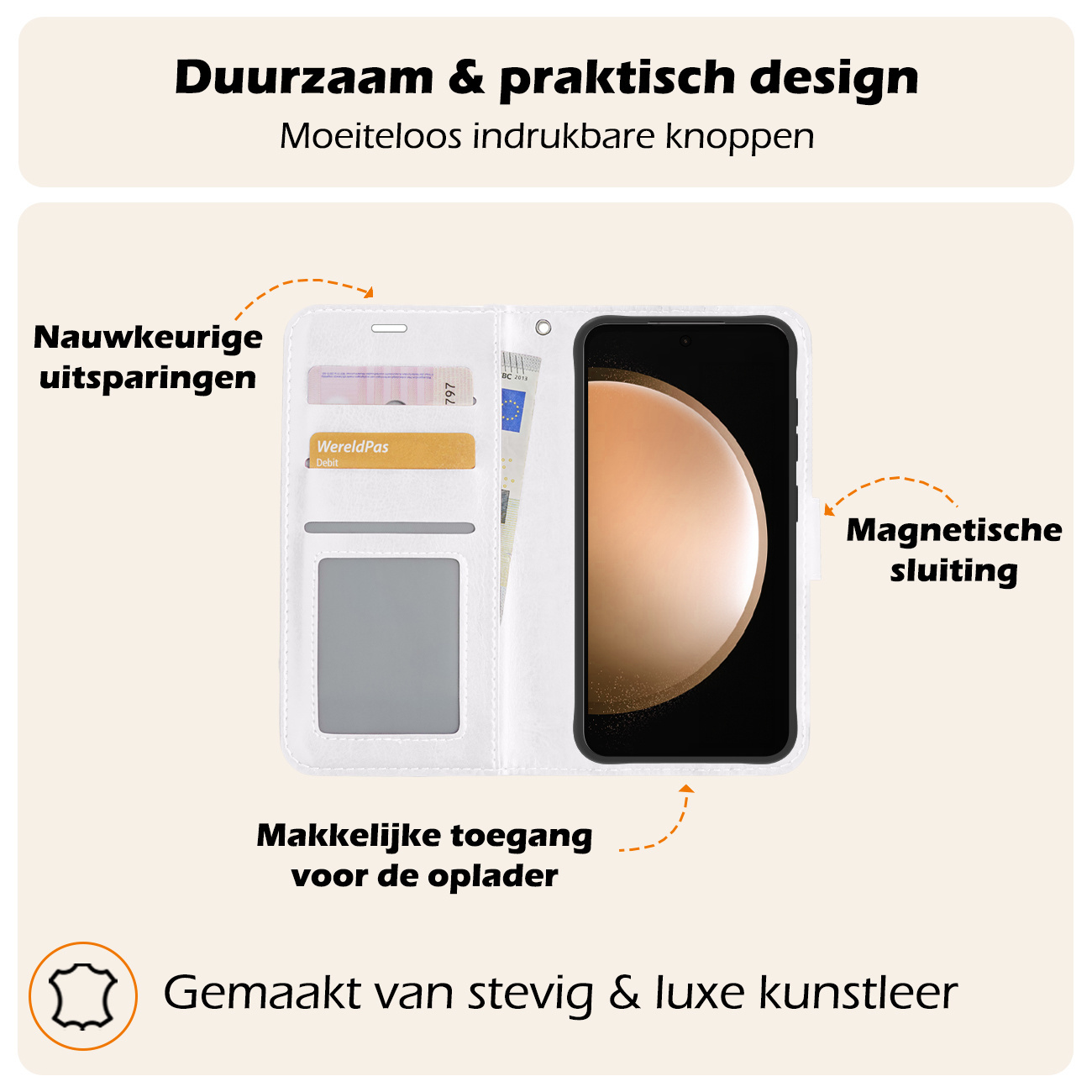 Nomfy Hoesje Geschikt voor Samsung S23 FE Hoes Bookcase Flipcase Book Cover Met Screenprotector - Hoes Geschikt voor Samsung Galaxy S23 FE Hoesje Book Case - Wit