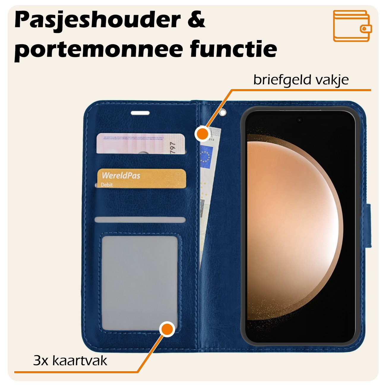 Nomfy Hoesje Geschikt voor Samsung S23 FE Hoes Bookcase Flipcase Book Cover Met 2x Screenprotector - Hoes Geschikt voor Samsung Galaxy S23 FE Hoesje Book Case - Donkerblauw