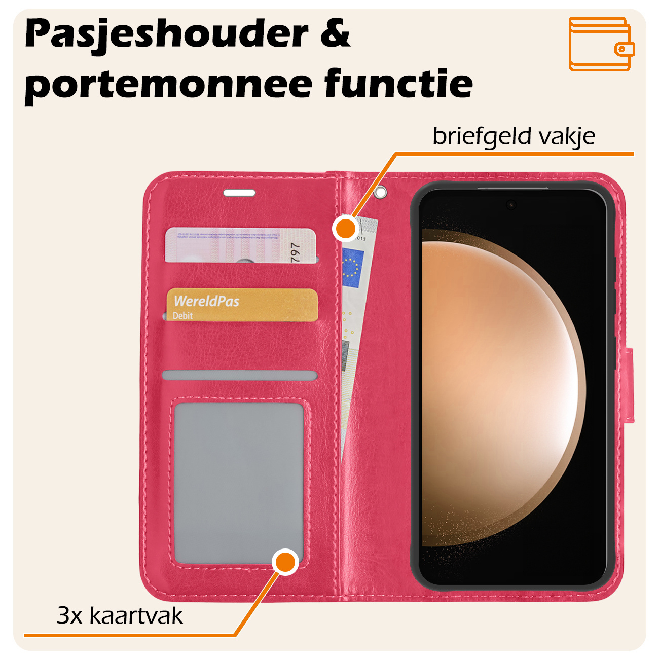 Nomfy Hoesje Geschikt voor Samsung S23 FE Hoes Bookcase Flipcase Book Cover Met 2x Screenprotector - Hoes Geschikt voor Samsung Galaxy S23 FE Hoesje Book Case - Donkerroze