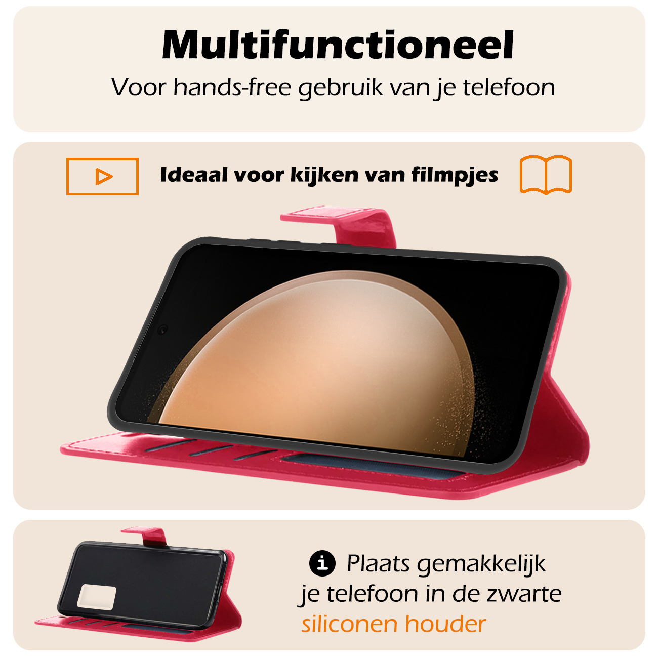 Nomfy Hoesje Geschikt voor Samsung S23 FE Hoes Bookcase Flipcase Book Cover Met 2x Screenprotector - Hoes Geschikt voor Samsung Galaxy S23 FE Hoesje Book Case - Donkerroze