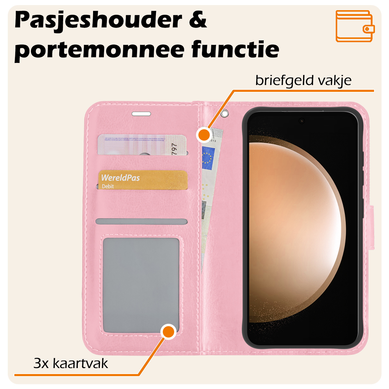 Nomfy Hoesje Geschikt voor Samsung S23 FE Hoes Bookcase Flipcase Book Cover Met 2x Screenprotector - Hoes Geschikt voor Samsung Galaxy S23 FE Hoesje Book Case - Lichtroze