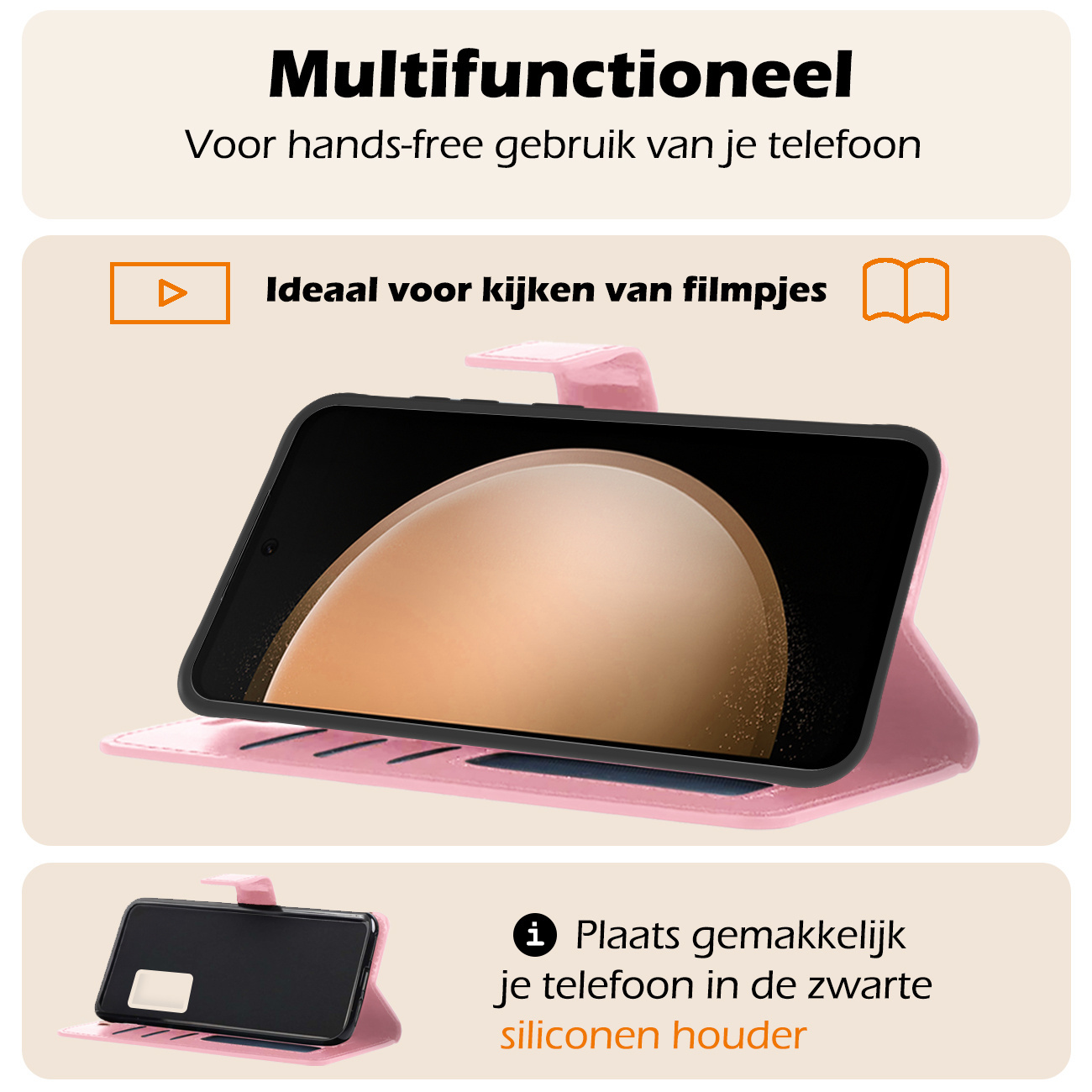 Nomfy Hoesje Geschikt voor Samsung S23 FE Hoes Bookcase Flipcase Book Cover Met 2x Screenprotector - Hoes Geschikt voor Samsung Galaxy S23 FE Hoesje Book Case - Lichtroze