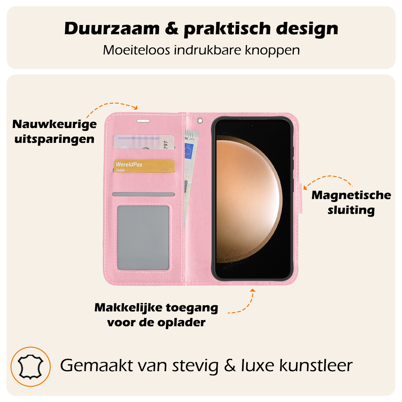 Nomfy Hoesje Geschikt voor Samsung S23 FE Hoes Bookcase Flipcase Book Cover Met 2x Screenprotector - Hoes Geschikt voor Samsung Galaxy S23 FE Hoesje Book Case - Lichtroze