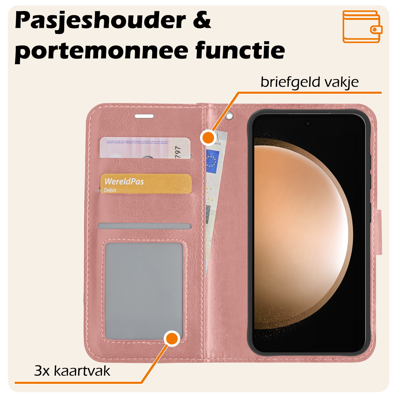 Nomfy Hoesje Geschikt voor Samsung S23 FE Hoes Bookcase Flipcase Book Cover Met 2x Screenprotector - Hoes Geschikt voor Samsung Galaxy S23 FE Hoesje Book Case - Rosé goud