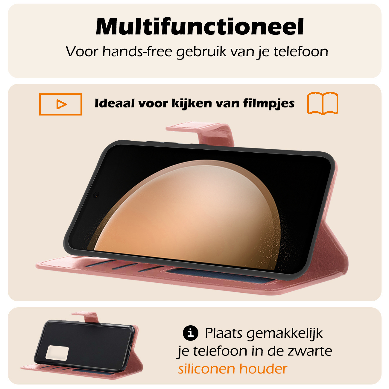 Nomfy Hoesje Geschikt voor Samsung S23 FE Hoes Bookcase Flipcase Book Cover Met 2x Screenprotector - Hoes Geschikt voor Samsung Galaxy S23 FE Hoesje Book Case - Rosé goud