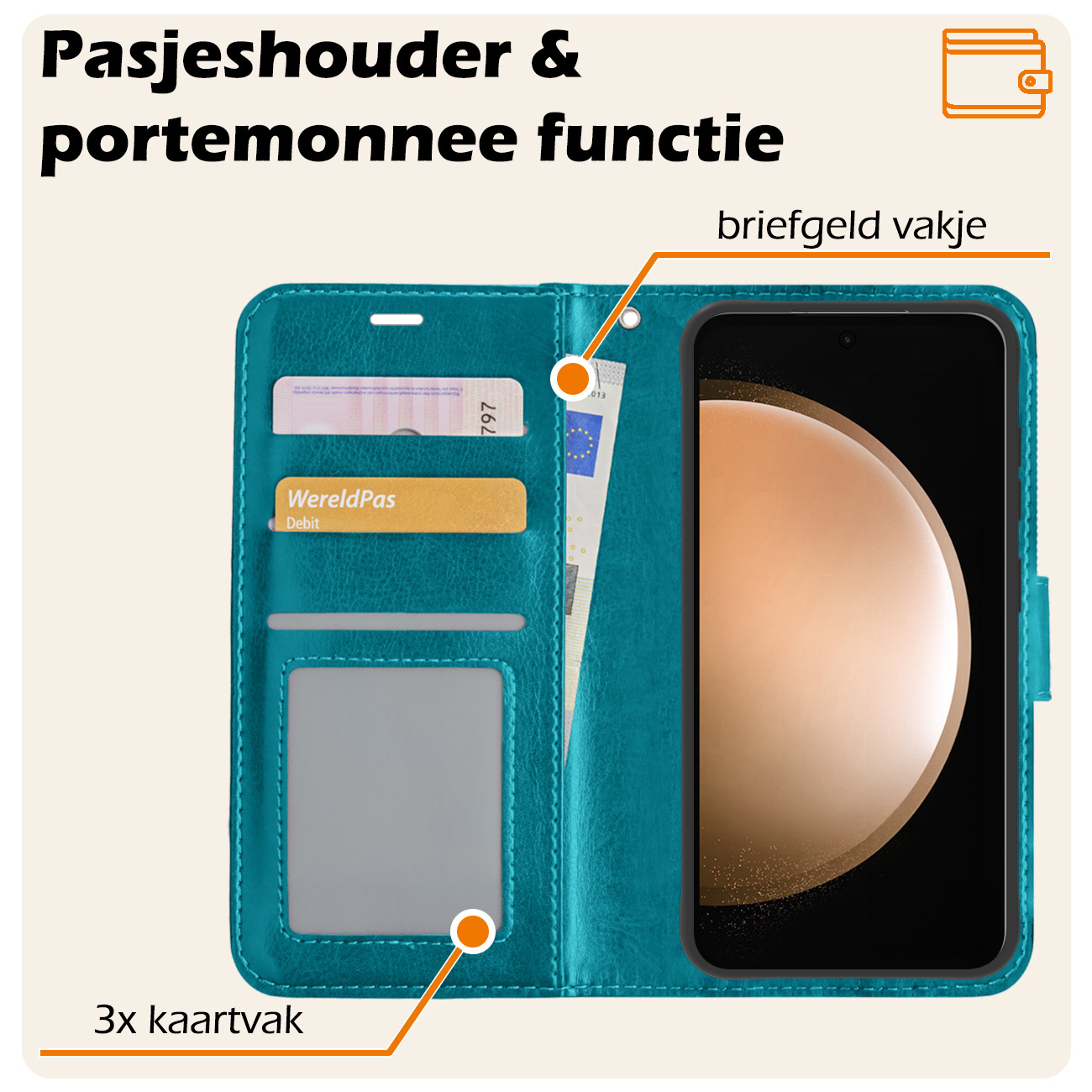 Nomfy Hoesje Geschikt voor Samsung S23 FE Hoes Bookcase Flipcase Book Cover Met 2x Screenprotector - Hoes Geschikt voor Samsung Galaxy S23 FE Hoesje Book Case - Turquoise