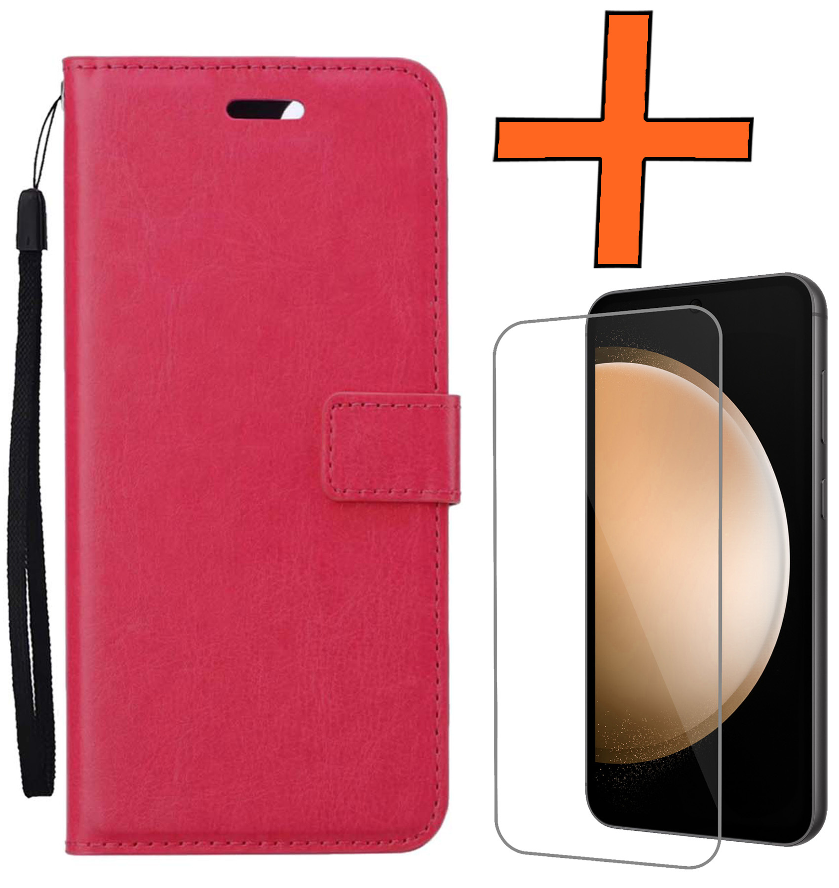 Nomfy Hoesje Geschikt voor Samsung S23 FE Hoes Bookcase Flipcase Book Cover Met Screenprotector - Hoes Geschikt voor Samsung Galaxy S23 FE Hoesje Book Case - Donkerroze