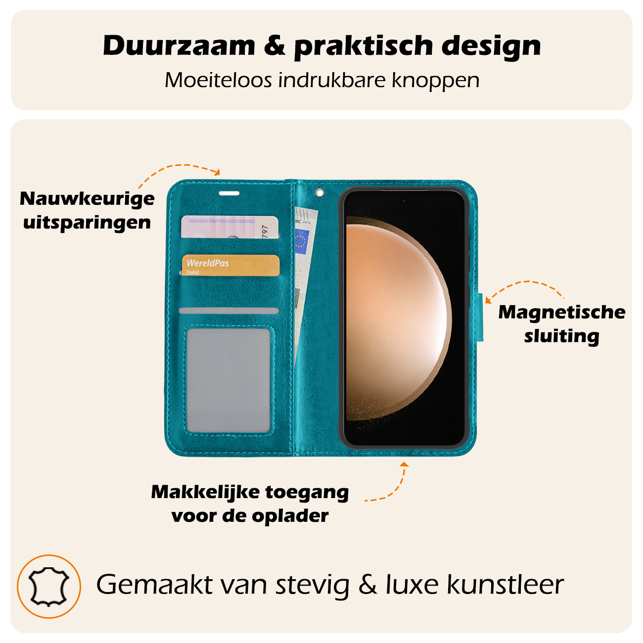 Nomfy Hoesje Geschikt voor Samsung S23 FE Hoes Bookcase Flipcase Book Cover Met 2x Screenprotector - Hoes Geschikt voor Samsung Galaxy S23 FE Hoesje Book Case - Turquoise