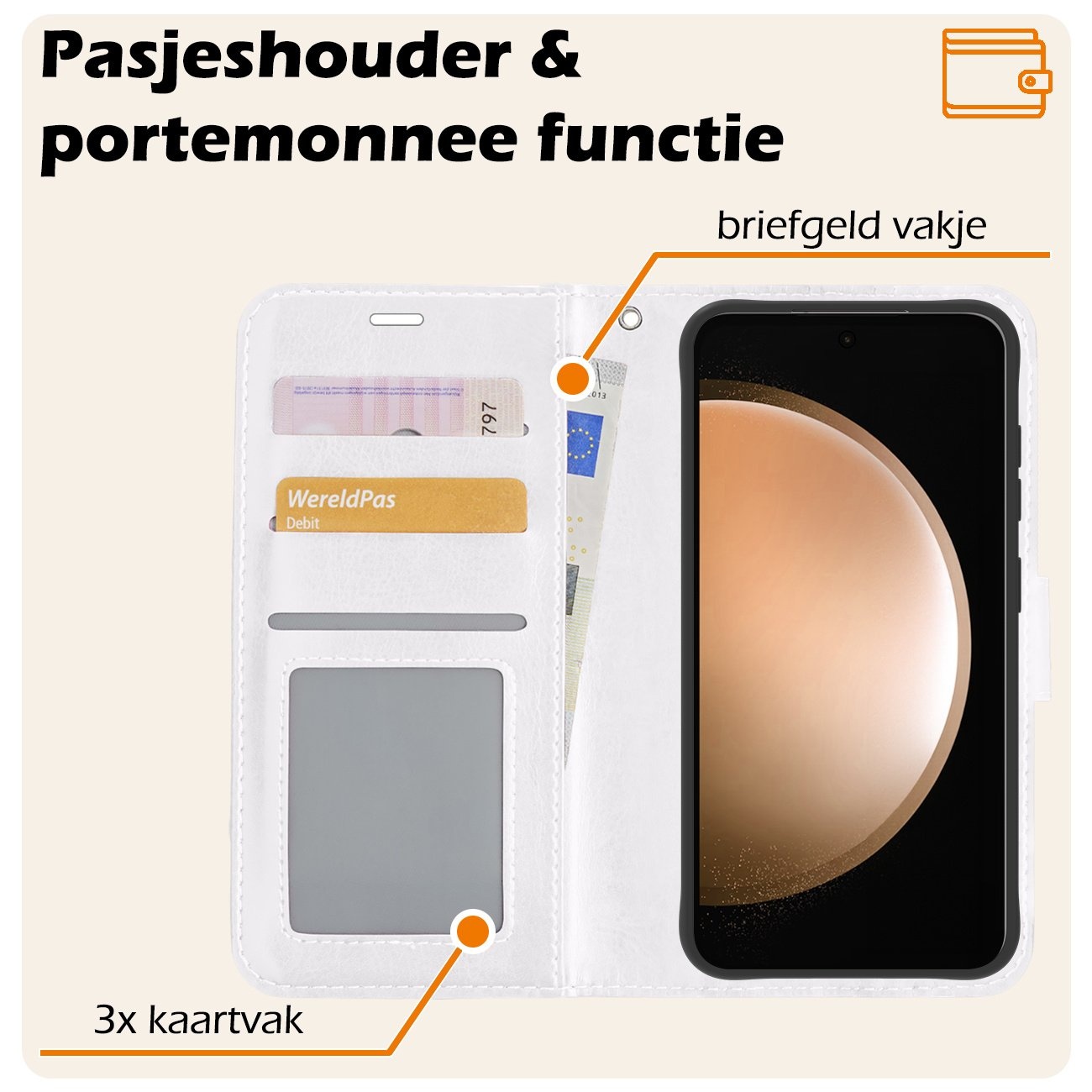 Nomfy Hoesje Geschikt voor Samsung S23 FE Hoes Bookcase Flipcase Book Cover Met 2x Screenprotector - Hoes Geschikt voor Samsung Galaxy S23 FE Hoesje Book Case - Wit
