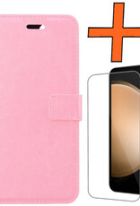 Nomfy Hoesje Geschikt voor Samsung S23 FE Hoes Bookcase Flipcase Book Cover Met Screenprotector - Hoes Geschikt voor Samsung Galaxy S23 FE Hoesje Book Case - Lichtroze