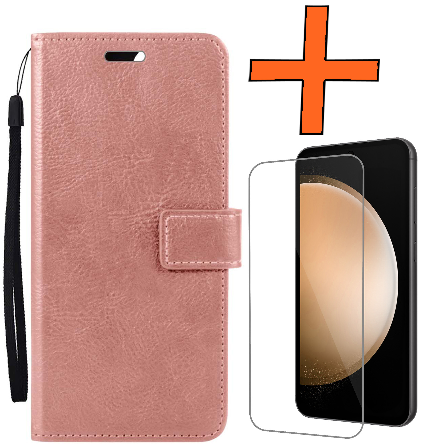 Nomfy Hoesje Geschikt voor Samsung S23 FE Hoes Bookcase Flipcase Book Cover Met Screenprotector - Hoes Geschikt voor Samsung Galaxy S23 FE Hoesje Book Case - Rosé goud