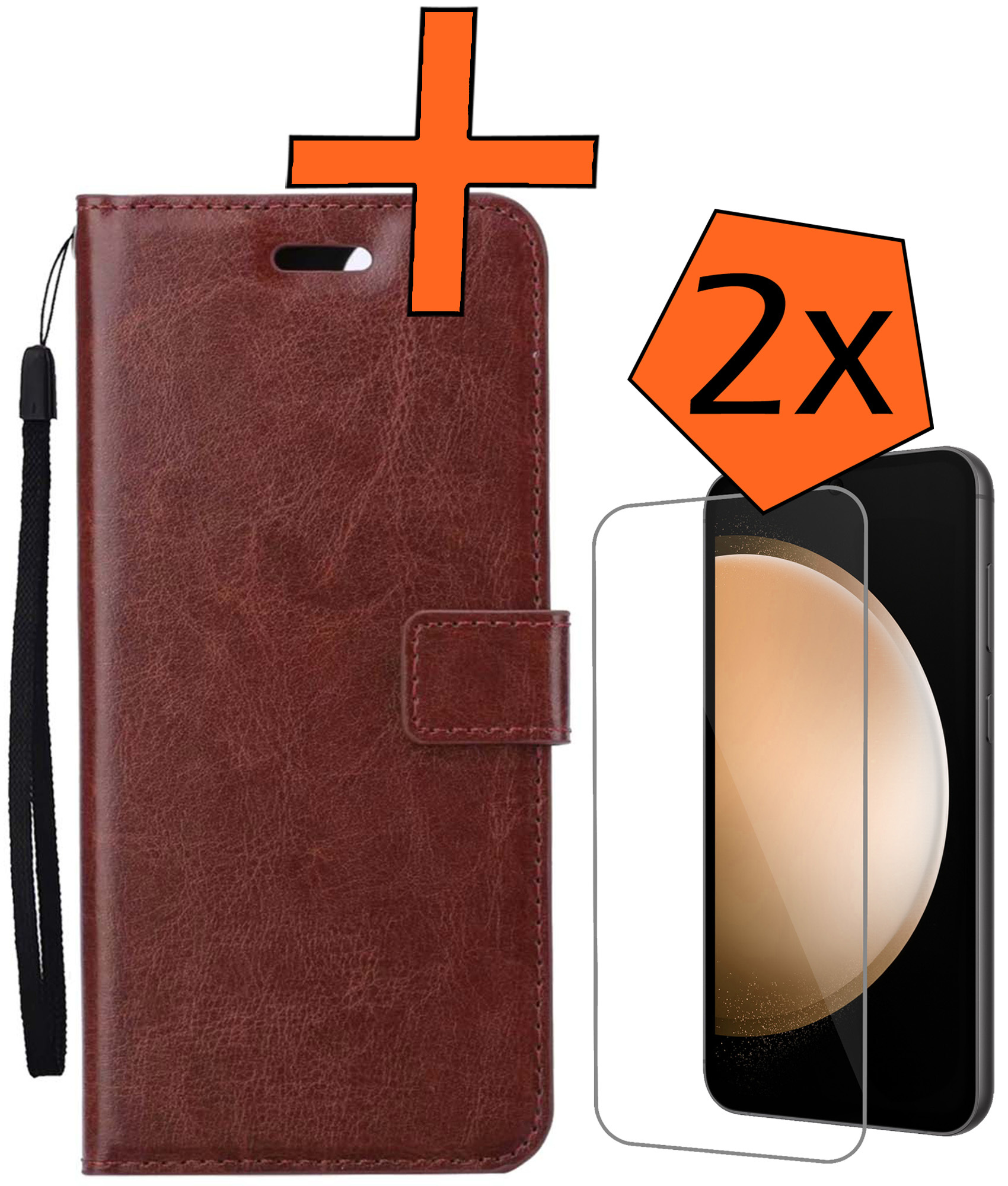 Nomfy Hoesje Geschikt voor Samsung S23 FE Hoes Bookcase Flipcase Book Cover Met 2x Screenprotector - Hoes Geschikt voor Samsung Galaxy S23 FE Hoesje Book Case - Bruin
