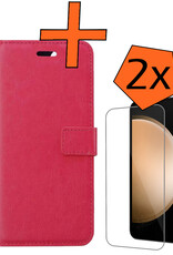 Nomfy Hoesje Geschikt voor Samsung S23 FE Hoes Bookcase Flipcase Book Cover Met 2x Screenprotector - Hoes Geschikt voor Samsung Galaxy S23 FE Hoesje Book Case - Donkerroze